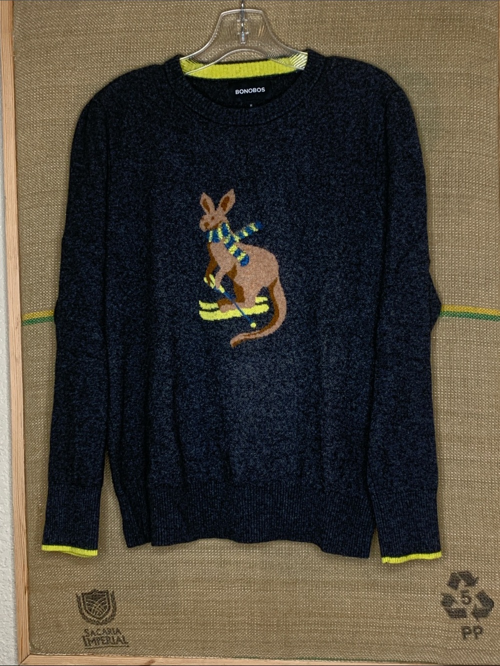 Bonobos Charcoal Grey Crewneck Sweater with Kangaroo Intarsia